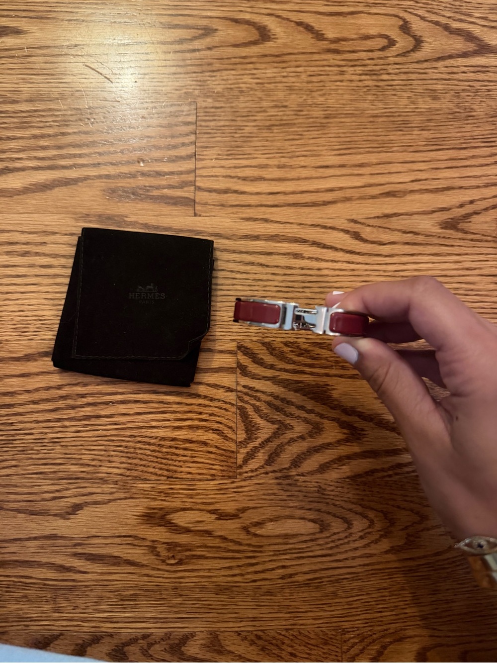 Hermes Red Leather Bracelet with Silver Hardware